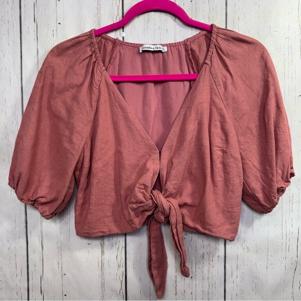Abercrombie & Fitch Linen Blend Tie Front Crop Top Dusty Rose Womens XS Cottage